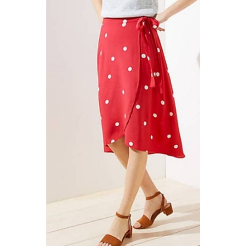 LOFT Red Polka Dot Wrap Midi Skirt